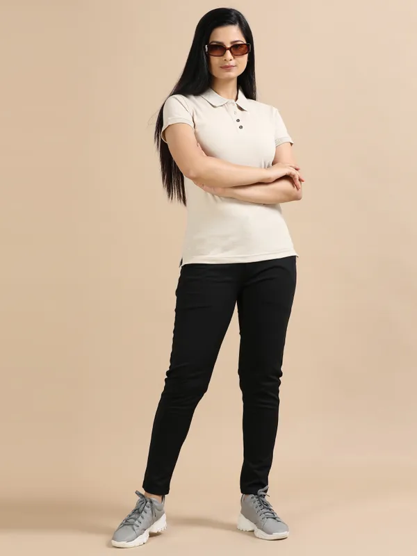 Sand_Beige_Sustainable_Jacquard_Cotton_And_Polyester_Polo_Neck_T_Shirt_For_Women