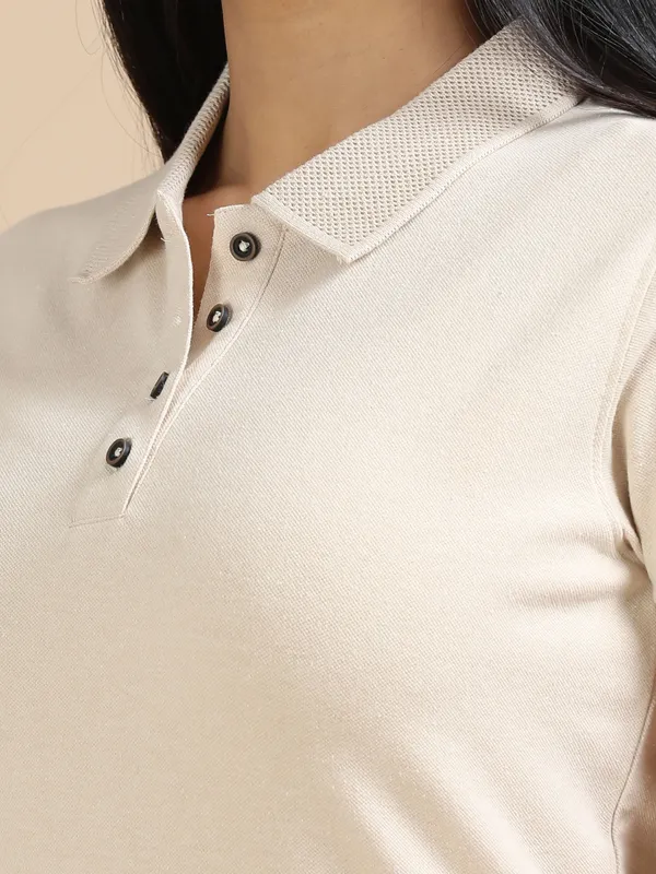 Sand_Beige_Sustainable_Jacquard_Cotton_And_Polyester_Polo_Neck_T_Shirt_For_Women