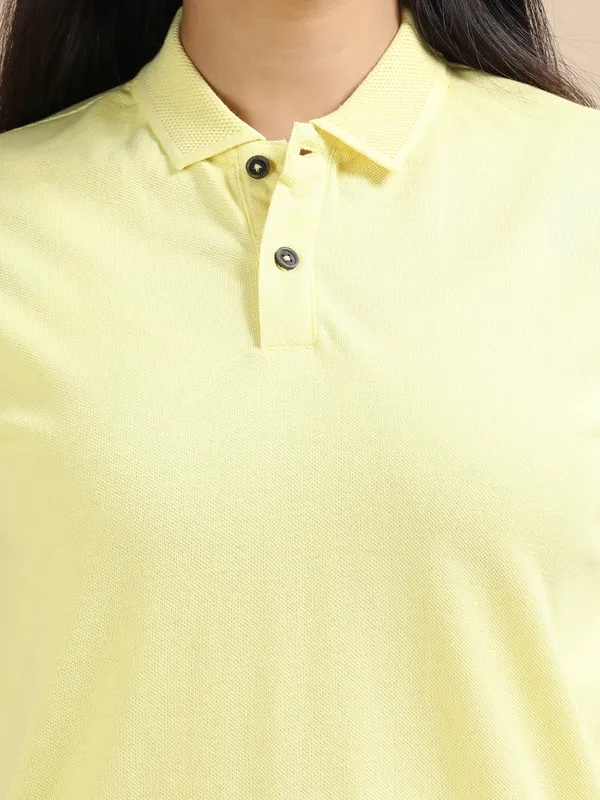 Sunrise_Yellow_Sustainable_Jacquard_Cotton_And_Polyester_Polo_Neck_T_Shirt_For_Women
