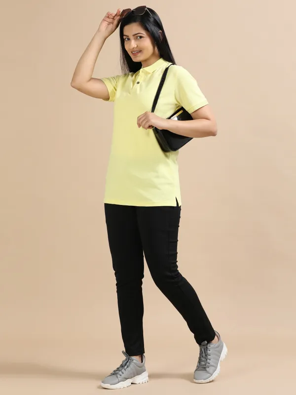Sunrise_Yellow_Sustainable_Jacquard_Cotton_And_Polyester_Polo_Neck_T_Shirt_For_Women