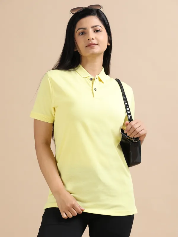Sunrise_Yellow_Sustainable_Jacquard_Cotton_And_Polyester_Polo_Neck_T_Shirt_For_Women