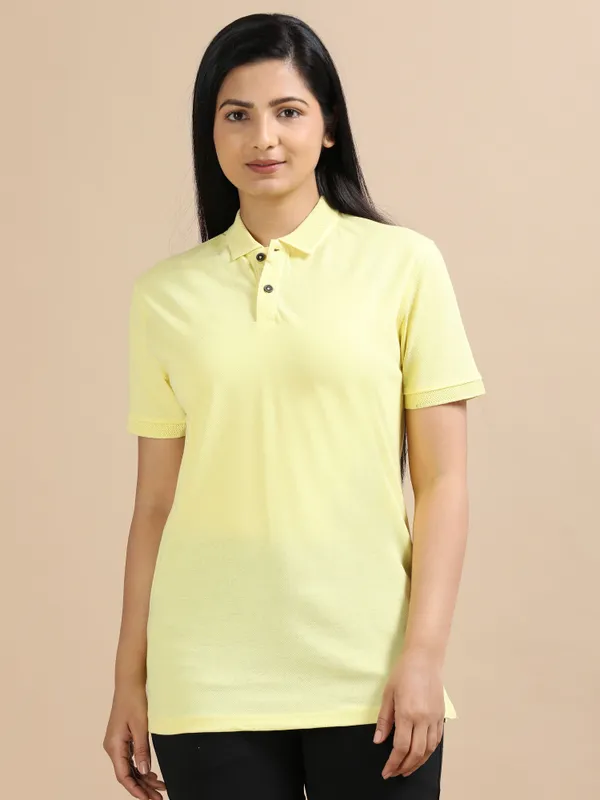 Sunrise_Yellow_Sustainable_Jacquard_Cotton_And_Polyester_Polo_Neck_T_Shirt_For_Women
