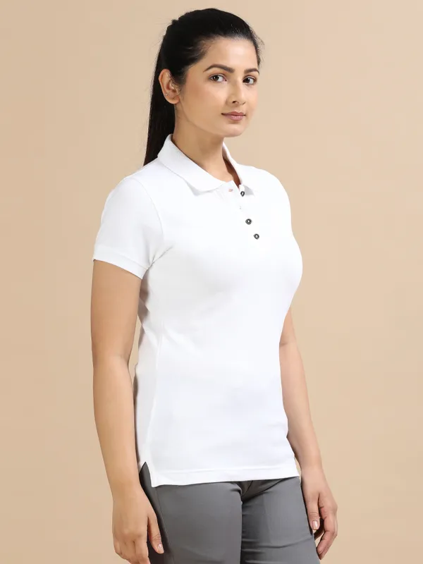 White_Sustainable_Jacquard_Cotton_And_Polyester_Polo_Neck_T_Shirt_For_Women