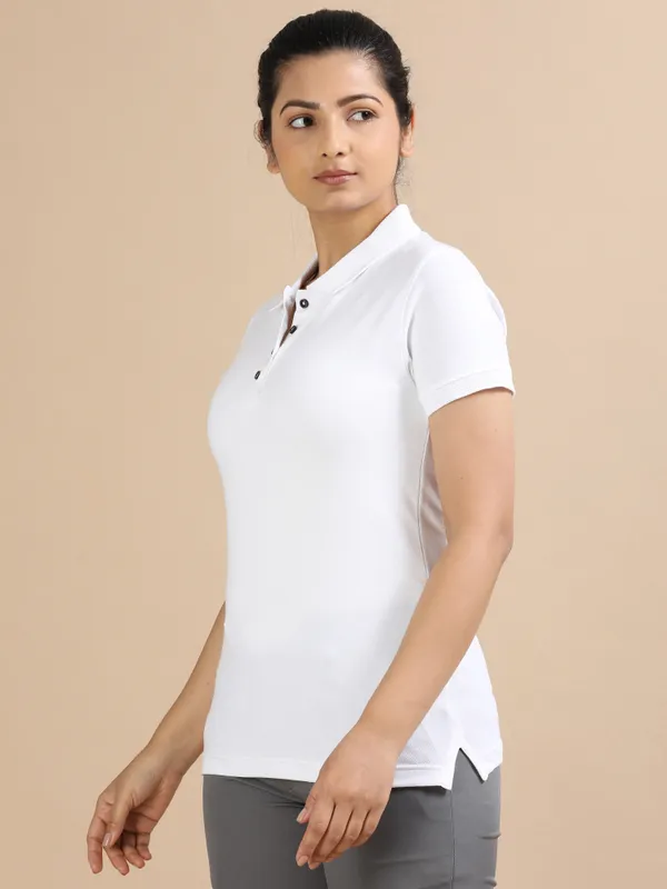 White_Sustainable_Jacquard_Cotton_And_Polyester_Polo_Neck_T_Shirt_For_Women