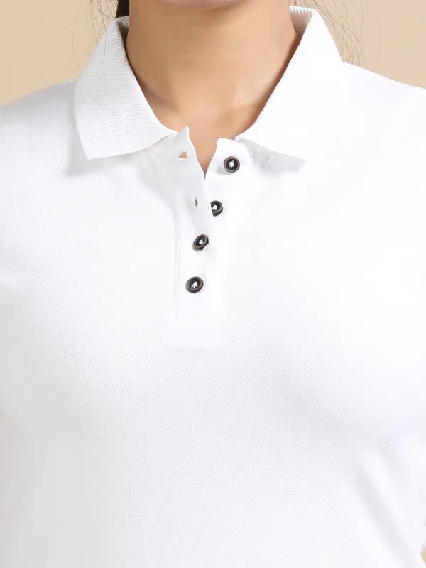 White_Sustainable_Jacquard_Cotton_And_Polyester_Polo_Neck_T_Shirt_For_Women