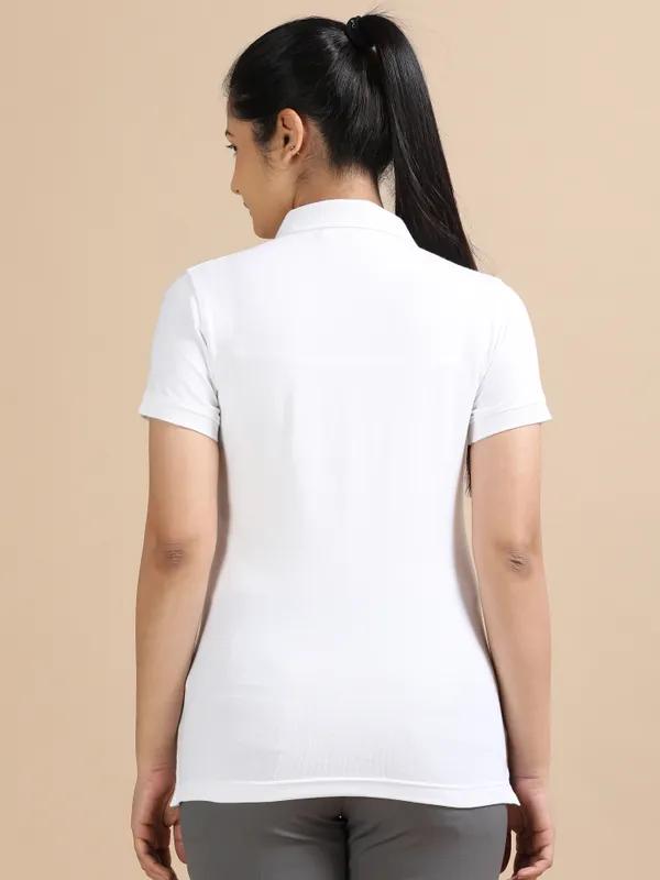 White_Sustainable_Jacquard_Cotton_And_Polyester_Polo_Neck_T_Shirt_For_Women