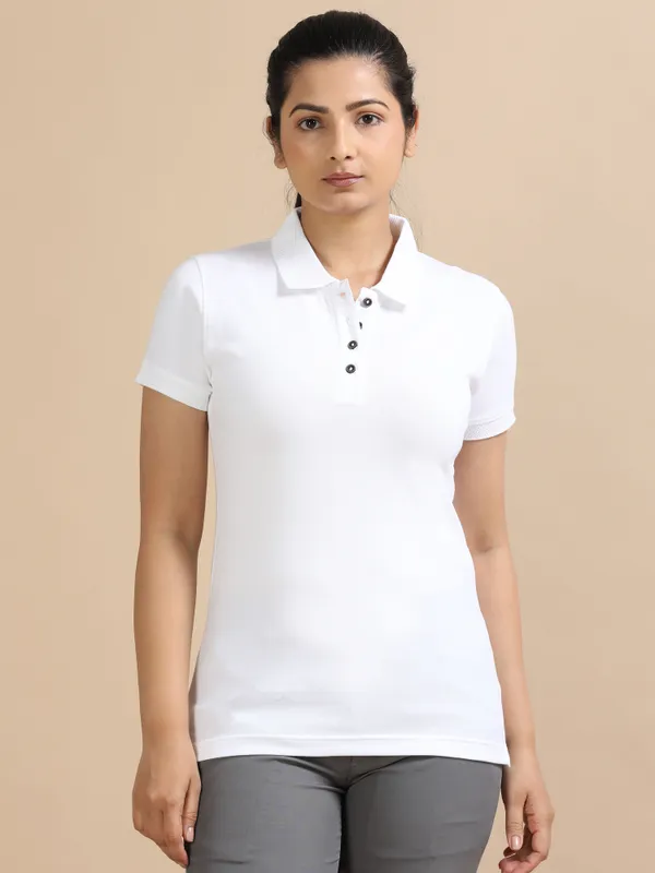 White_Sustainable_Jacquard_Cotton_And_Polyester_Polo_Neck_T_Shirt_For_Women