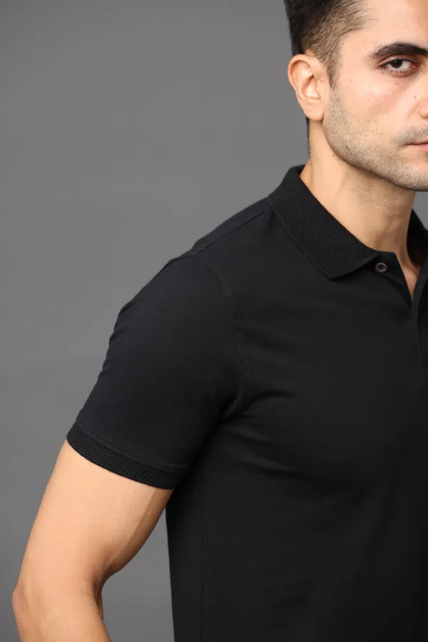 Black_Sustainable_Jacquard_Cotton_And_Polyester_Polo_Neck_T_Shirt_For_Men