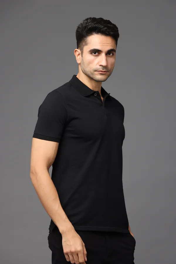 Black_Sustainable_Jacquard_Cotton_And_Polyester_Polo_Neck_T_Shirt_For_Men