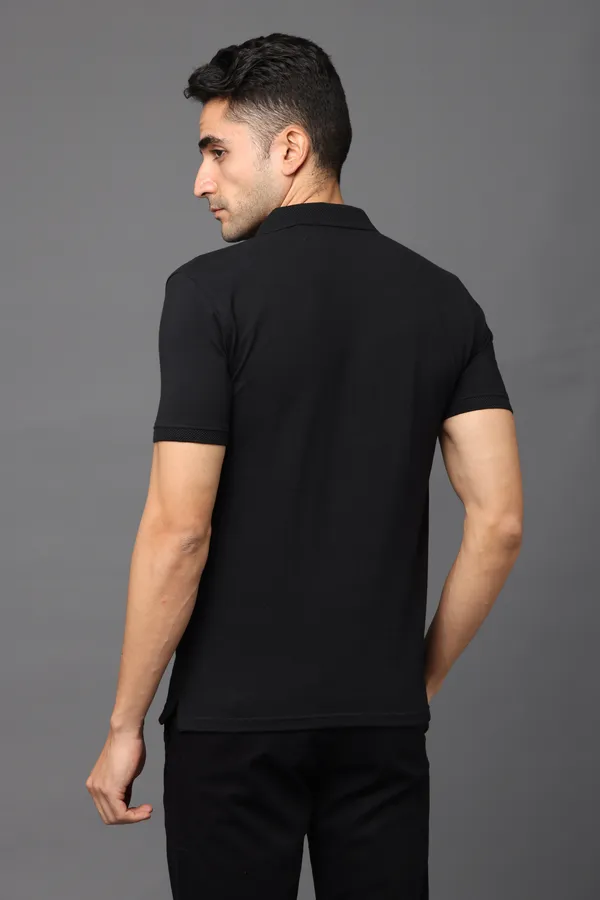 Black_Sustainable_Jacquard_Cotton_And_Polyester_Polo_Neck_T_Shirt_For_Men
