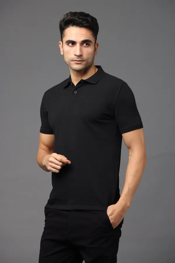 Black_Sustainable_Jacquard_Cotton_And_Polyester_Polo_Neck_T_Shirt_For_Men