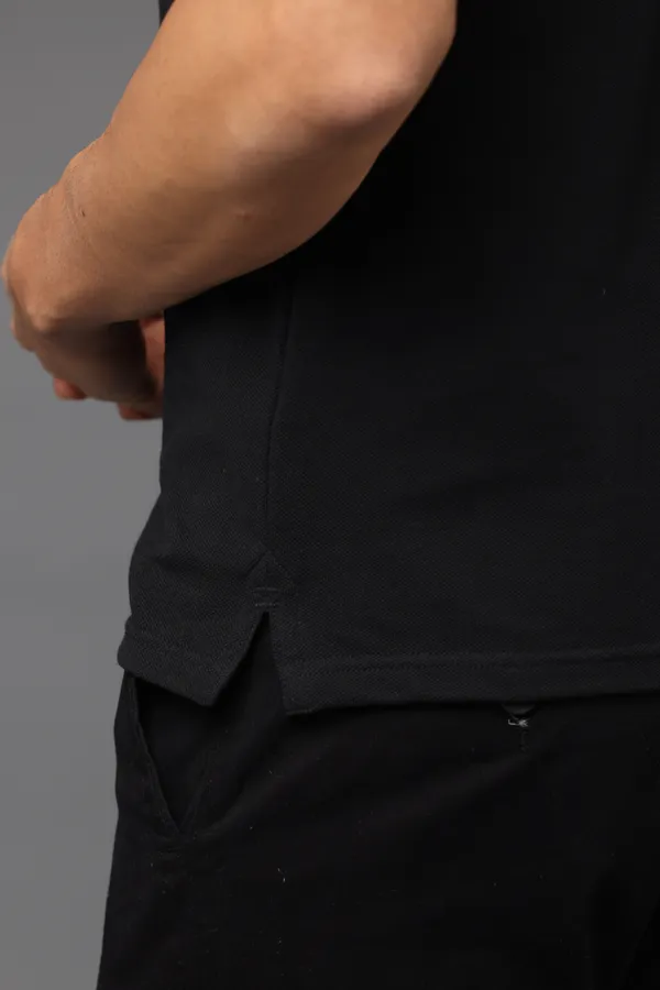 Black_Sustainable_Jacquard_Cotton_And_Polyester_Polo_Neck_T_Shirt_For_Men