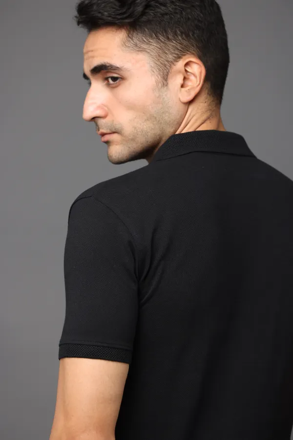Black_Sustainable_Jacquard_Cotton_And_Polyester_Polo_Neck_T_Shirt_For_Men