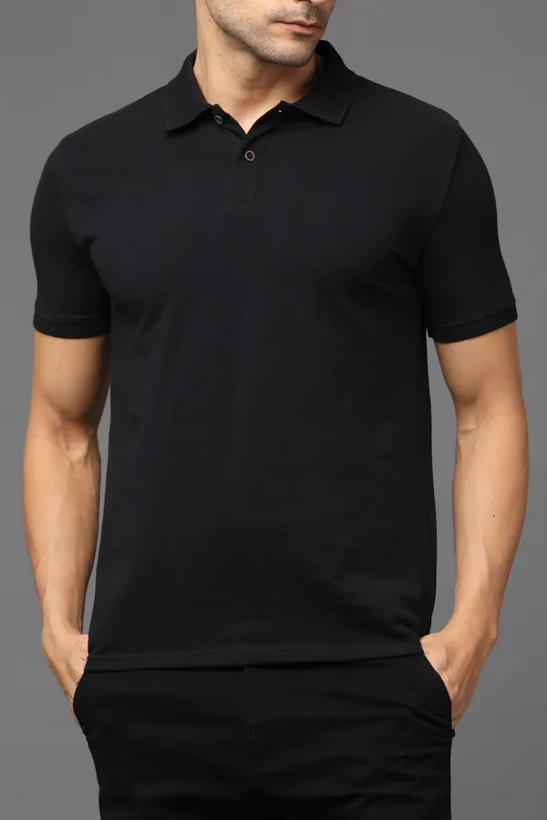 Black_Sustainable_Jacquard_Cotton_And_Polyester_Polo_Neck_T_Shirt_For_Men