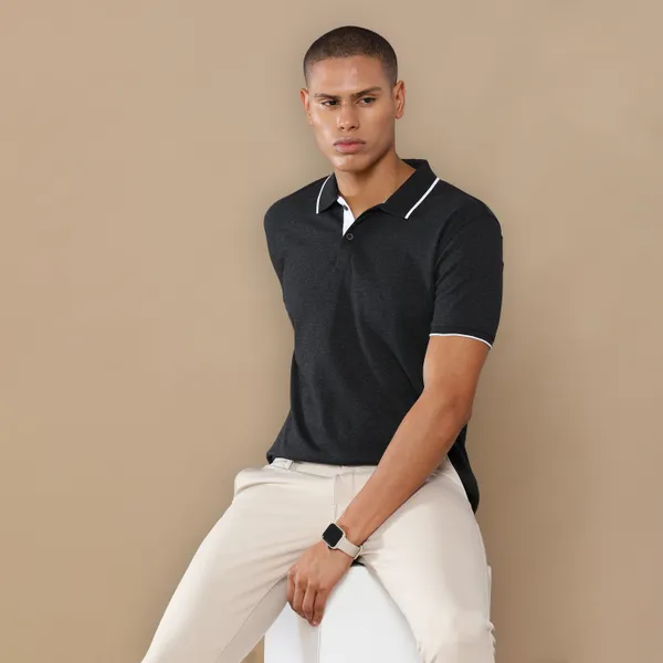 Charcoal_Grey_Sustainable_Jacquard_Cotton_And_Polyester_Polo_Neck_T_Shirt_For_Men
