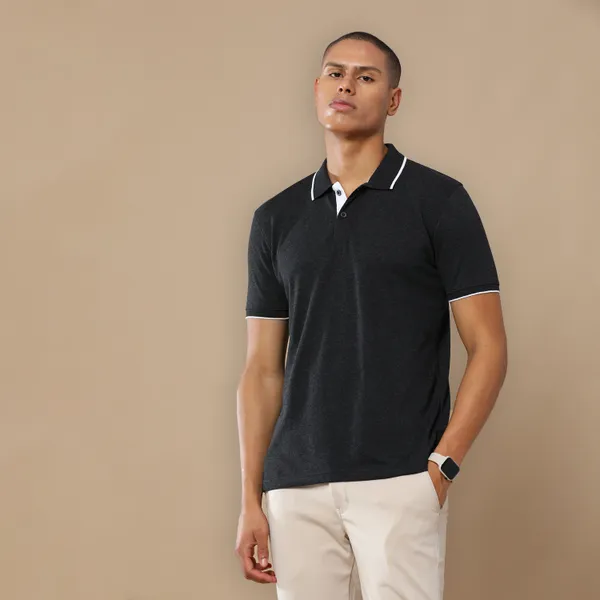 Charcoal_Grey_Sustainable_Jacquard_Cotton_And_Polyester_Polo_Neck_T_Shirt_For_Men