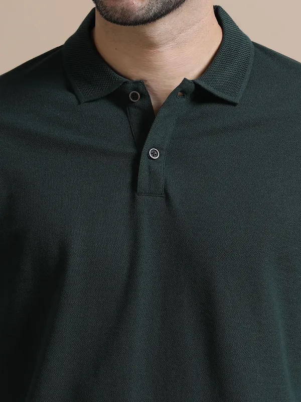 Forest_Green_Sustainable_Jacquard_Cotton_And_Polyester_Polo_Neck_T_Shirt_For_Men