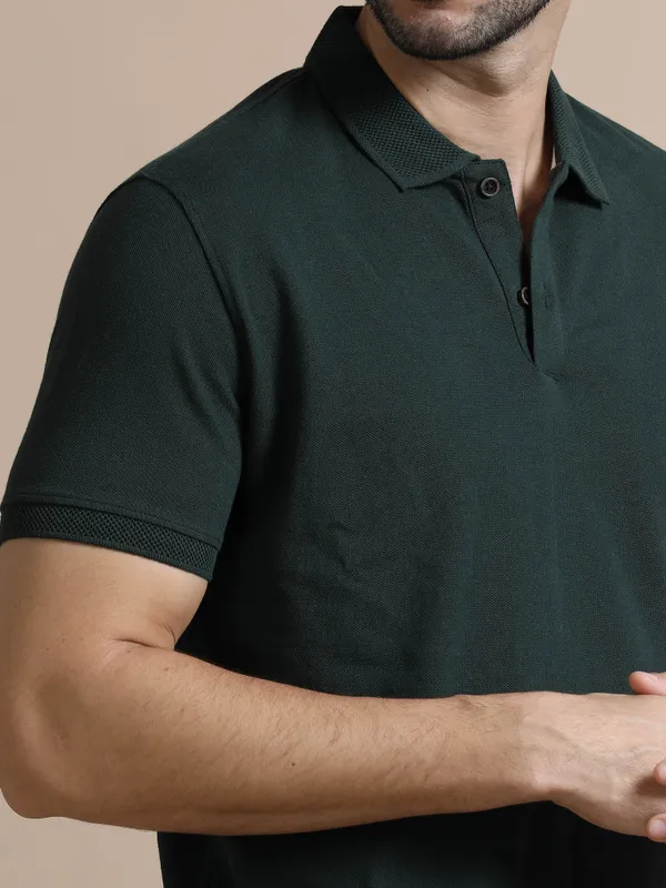 Forest_Green_Sustainable_Jacquard_Cotton_And_Polyester_Polo_Neck_T_Shirt_For_Men