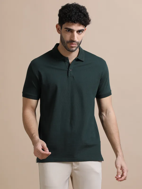 Forest_Green_Sustainable_Jacquard_Cotton_And_Polyester_Polo_Neck_T_Shirt_For_Men