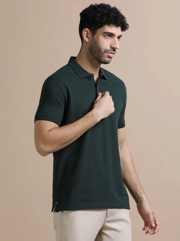 Forest_Green_Sustainable_Jacquard_Cotton_And_Polyester_Polo_Neck_T_Shirt_For_Men