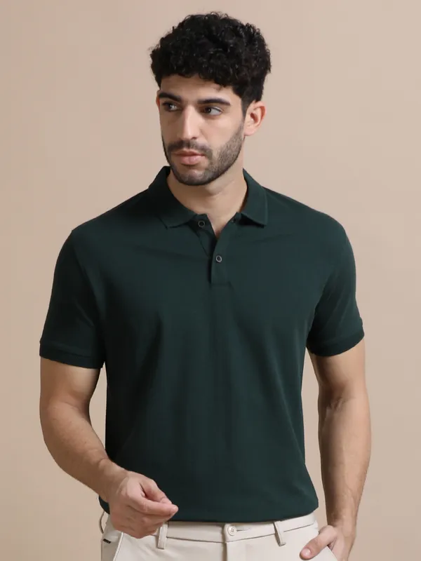 Forest_Green_Sustainable_Jacquard_Cotton_And_Polyester_Polo_Neck_T_Shirt_For_Men