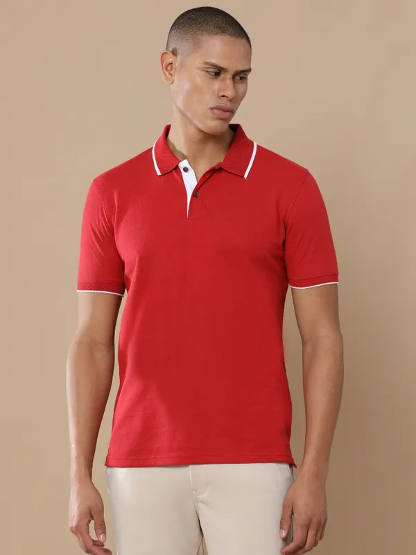 Red_Sustainable_Jacquard_Cotton_And_Polyester_Polo_Neck_T_Shirt_For_Men