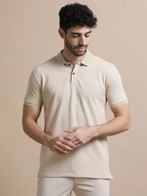 Sand_Beige_Sustainable_Jacquard_Cotton_And_Polyester_Polo_Neck_T_Shirt_For_Men