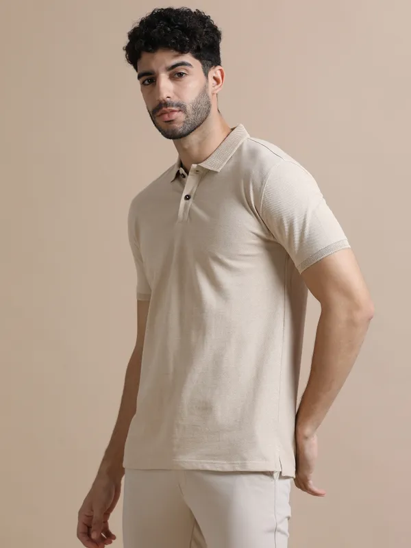 Sand_Beige_Sustainable_Jacquard_Cotton_And_Polyester_Polo_Neck_T_Shirt_For_Men