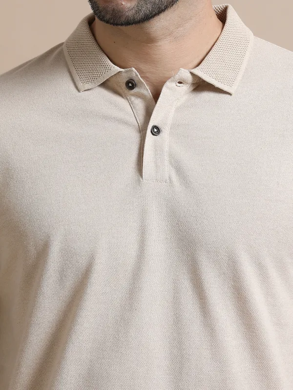 Sand_Beige_Sustainable_Jacquard_Cotton_And_Polyester_Polo_Neck_T_Shirt_For_Men