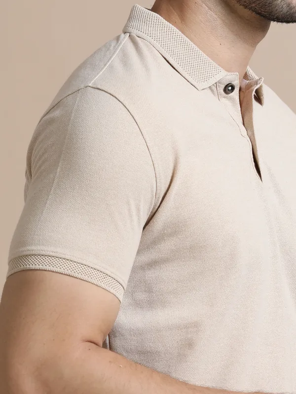 Sand_Beige_Sustainable_Jacquard_Cotton_And_Polyester_Polo_Neck_T_Shirt_For_Men