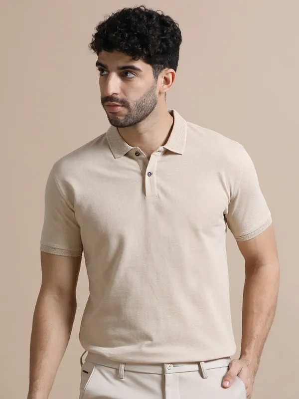 Sand_Beige_Sustainable_Jacquard_Cotton_And_Polyester_Polo_Neck_T_Shirt_For_Men