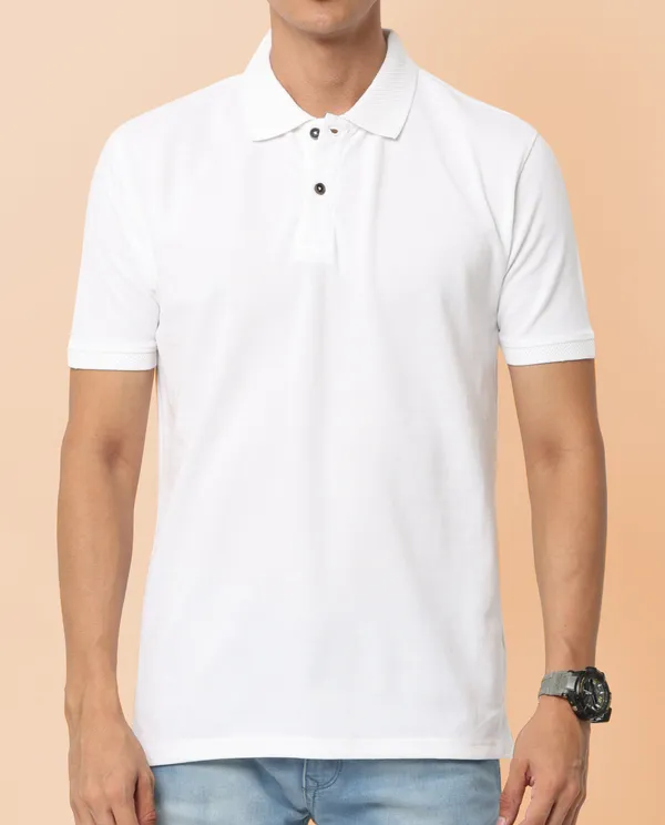 White_Sustainable_Jacquard_Cotton_And_Polyester_Polo_Neck_T_Shirt_For_Men
