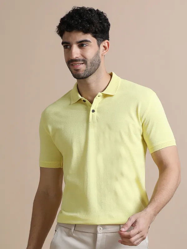 Yellow_Sustainable_Jacquard_Cotton_And_Polyester_Polo_Neck_T_Shirt_For_Men