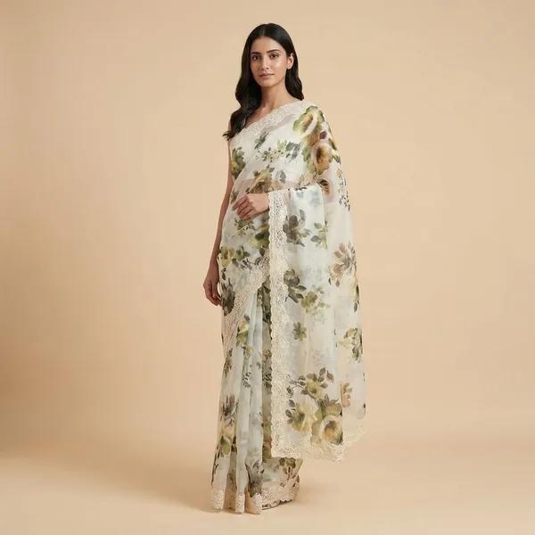 Green_Floral_Print_Organza_Fabric_With_Embroidered_Border_Cream_Base_With_Flowers_Silk_Saree_For_Women