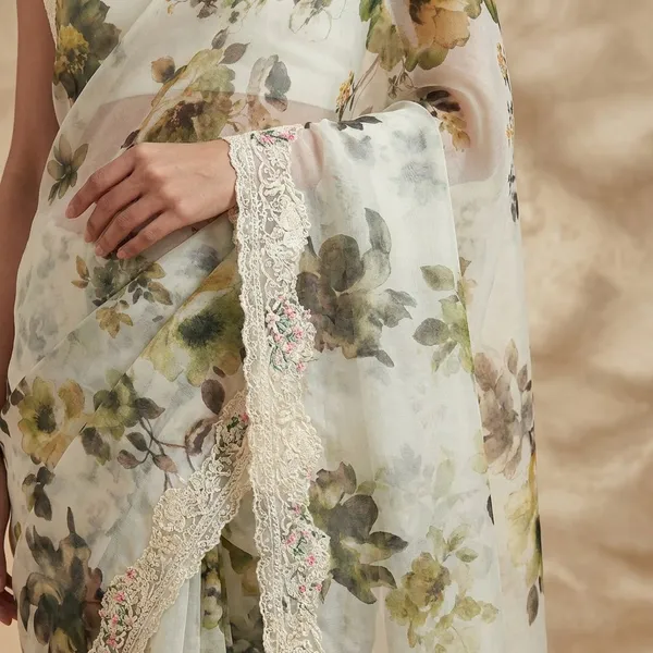 Green_Floral_Print_Organza_Fabric_With_Embroidered_Border_Cream_Base_With_Flowers_Silk_Saree_For_Women