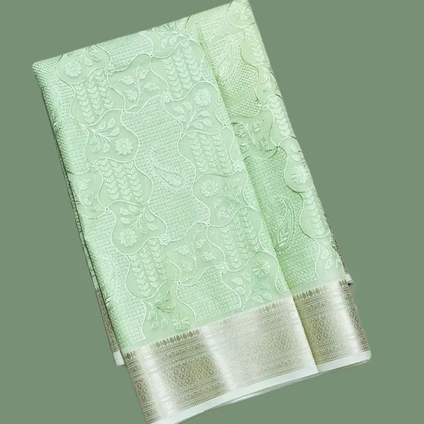 Light_Green_With_Silver_Zari_Border_And_Intricate_Brocade_Work_Silk_Saree_For_Women