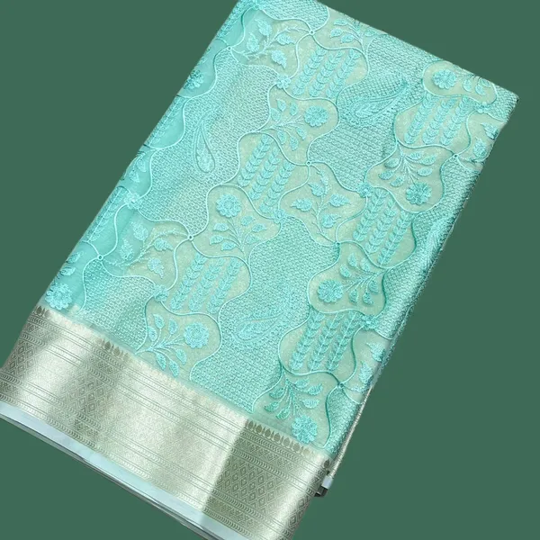 Light_Blue_Brocade_With_Floral_Pattern_And_Silver_Border_Silk_Saree_For_Women