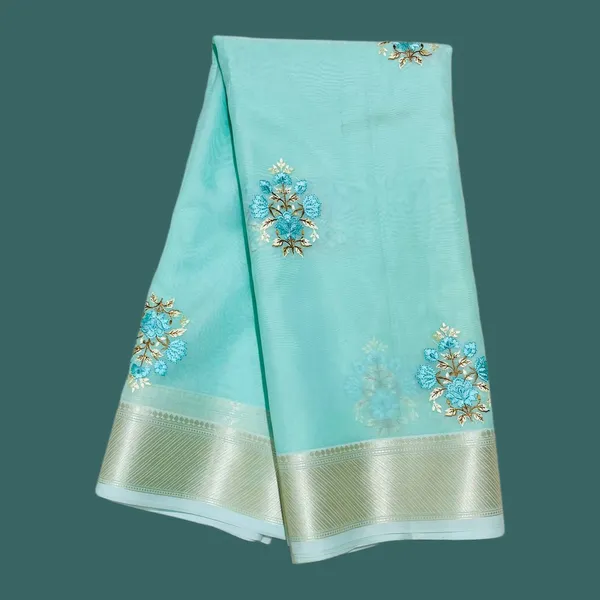 Sky_Blue_Elegant_Organza_With_Floral_Embroidery_And_Golden_Border_Silk_Saree_For_Women