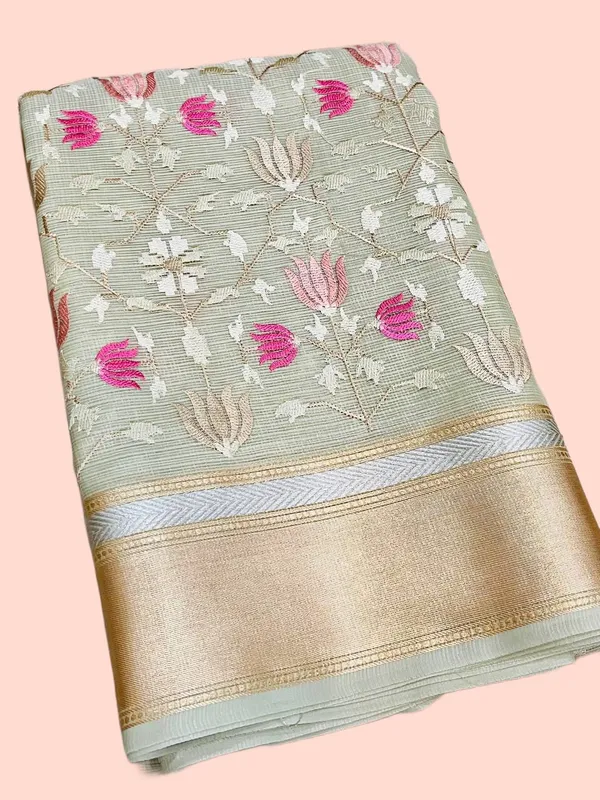 Mint_Green_Embroidered_Floral_With_Golden_Border_Silk_Saree_For_Women
