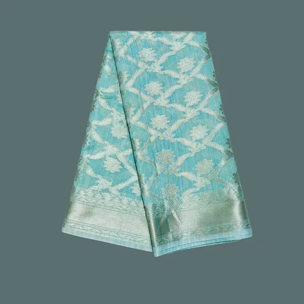 Turquoise_Blue_And_Silver_Floral_Brocade_Fabric_Silk_Saree_For_Women