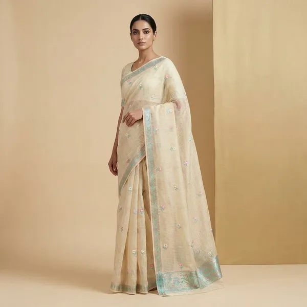 Cream_Elegant_With_Embroidered_Floral_Motifs_And_Woven_Border_Silk_Saree_For_Women