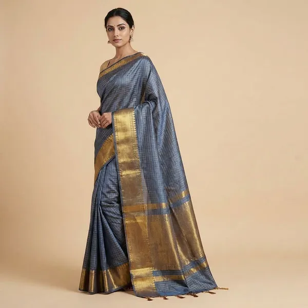 Slate_Grey_Pure_With_Zari_Border_And_Checkered_Pattern_Silk_Saree_For_Women