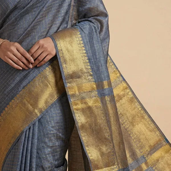 Slate_Grey_Pure_With_Zari_Border_And_Checkered_Pattern_Silk_Saree_For_Women