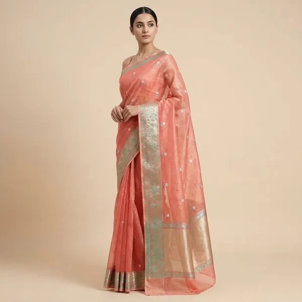 Coral_Textured_With_Floral_Embroidery_And_Designer_Border_Silk_Saree_For_Women