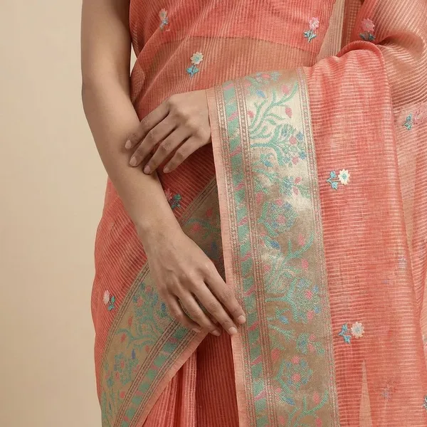 Coral_Textured_With_Floral_Embroidery_And_Designer_Border_Silk_Saree_For_Women