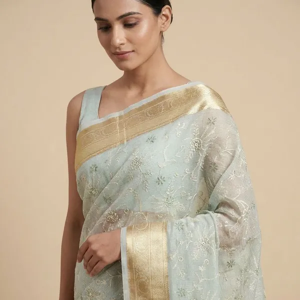 Light_Green_Embroidered_With_Golden_Border_Silk_Saree_For_Women