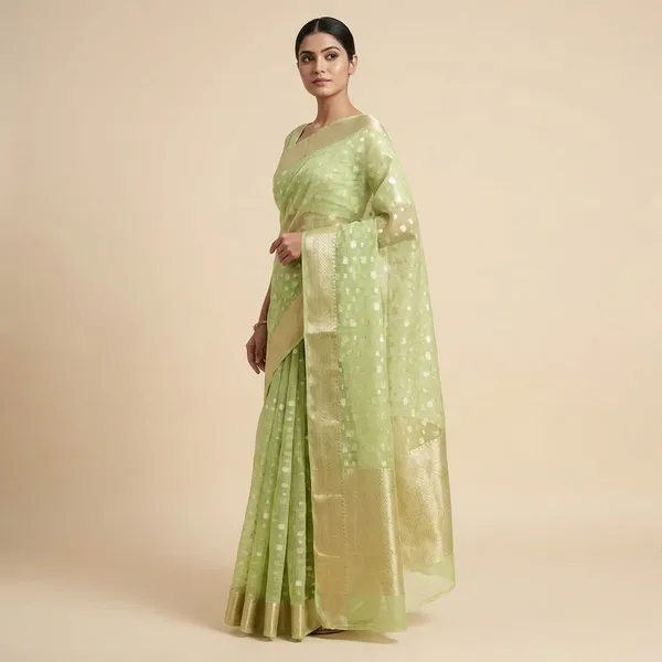 Light_Green_With_White_Woven_Dots_And_Golden_Zari_Border_Silk_Saree_For_Women