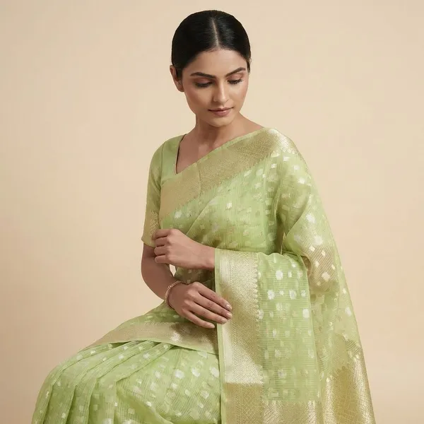 Light_Green_With_White_Woven_Dots_And_Golden_Zari_Border_Silk_Saree_For_Women