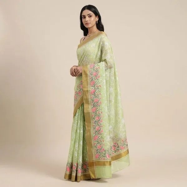 Light_Green_Floral_Print_With_Embroidered_Border_Silk_Saree_For_Women