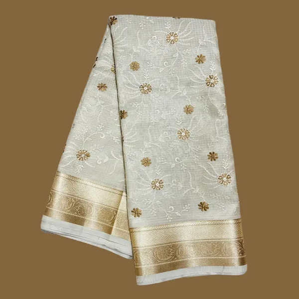 White_Floral_Embroidered_With_Golden_Border_Silk_Saree_For_Women